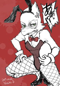 5_fingers angry anthro beak blush bow_(feature) bow_in_front bow_tie bunny_costume clothed clothing costume crossdressing egg fake_ears fake_rabbit_ears fingers fishnet_clothing fishnet_legwear green_eyes interrobang legwear looking_at_viewer male playboy_bunny solo text caramelix nintendo star_fox falco_lombardi avian bird 2017 japanese_text