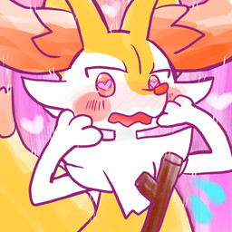ambiguous_anthro ambiguous_gender anthro biped blush blush_stickers blushing_profusely bodily_fluids dipstick_tail flying_sweatdrops front_view frown hand_on_face heart_pupils heart_symbol looking_at_viewer markings open_frown open_mouth simple_background snout solo spiral spiral_pupils stick sweat sweatdrop tail tail_markings wavy_mouth annyui0611 nintendo pokemon braixen canid generation_6_pokemon mammal pokemon_(species) 1:1 2024 bust_portrait digital_drawing_(artwork) digital_media_(artwork) hi_res japanese_description portrait translated_description