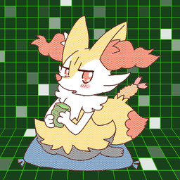 abstract_background accessory ambiguous_anthro ambiguous_gender anthro biped blush blush_stickers bow_ribbon container cup cushion digitigrade dipstick_tail food front_view hair_accessory hair_bow hair_ribbon holding_container holding_cup holding_object looking_at_viewer markings no_pupils object_in_tail ribbons shrimp_(food) sitting snout solo tail tail_markings three-quarter_view wariza annyui0611 nintendo pokemon braixen canid generation_6_pokemon mammal pokemon_(species) 1:1 2022 digital_drawing_(artwork) digital_media_(artwork) full-length_portrait hi_res japanese_description portrait screentone translated_description
