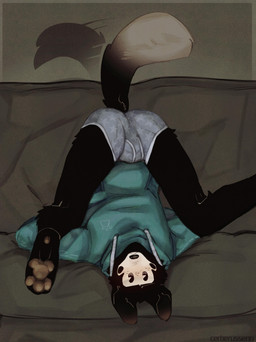 anthro black_body black_eyes black_fur blush bulge butt clothing dipstick_tail drawstring freckled_face freckles fur furniture hoodie male markings mole_(marking) pattern_clothing pattern_underwear pawpads pie_cut_eyes presenting presenting_hindquarters sofa solo spread_legs spreading tail tail_markings tail_motion tailwag topwear underwear upside_down white_body white_fur cerberussenn lee_sweeto_(cerberussenn) canid canine canis mammal wolf absurd_res hi_res signature
