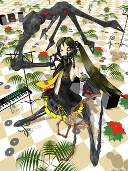 3_fingers accessory arm_tattoo black_bottomwear black_clothing black_shirt black_skirt black_topwear blonde_hair bone bone_arm bottomwear breasts checkered checkered_floor clothed clothing cosplay cybernetic_eye cybernetics disk electronic_musical_instrument electronics female fern fingers fungus hair high-angle_view long_arms long_hair looking_at_viewer machine mechanical_arm mushroom musical_instrument navel necktie no_bra not_furry open_clothing open_shirt open_topwear orange_eyes plant pleated_skirt ponytail shirt side_ponytail skirt small_breasts solo synthesizer tattoo topwear wire yellow_eyes yellow_necktie deino_(artist) vocaloid yamaha_corporation akita_neru calne_ca humanoid robot robot_humanoid 2009 3:4 3d_(artwork) autodesk_3ds_max_(artwork) digital_media_(artwork) full-length_portrait hi_res portrait