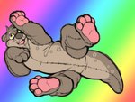 ambiguous_gender anthro brown_body floral_markings markings multicolored_eyes pawpads pink_pawpads plushie rainbow_background rainbow_eyes raised_arm raised_leg simple_background solo fetishame keva animate_inanimate living_plushie mammal mustelid otter 4:3 hi_res