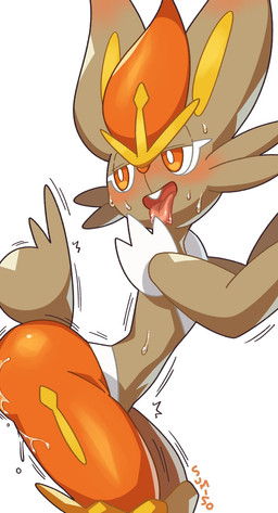 ambiguous_gender arched_back bent_over blush bodily_fluids brown_body brown_fur buckteeth butt drooling emanata fur leaning_on_wall looking_back looking_pleasured motion_lines offscreen_sex open_mouth orange_eyes raised_tail saliva saliva_on_tongue shadow shaking simple_background solo sweat tail teeth tongue tongue_out white_background white_body white_fur sumiso nintendo pokemon cinderace generation_8_pokemon pokemon_(species) shiny_pokemon hi_res shaded simple_shading source_request unavailable_at_source