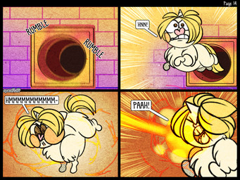 1_horn ambiguous_feral ambiguous_gender blonde_hair brick brick_wall dialogue feral fur hair heart_nose heart_symbol horn open_mouth solo spiral_horn superpowers tail teeth text tongue wall_(structure) yellow_body yellow_fur yellow_tail young young_ambiguous young_feral spacefluff fluffy_pony fluffy_pony_(species) mammal 2023 4:3 comic digital_media_(artwork) english_text hi_res