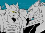 anthro decepticon dialogue duo fur machine male open_mouth simple_background smile teeth text yellow_eyes kkingkk hasbro takara_tomy transformers transformers_aligned_continuity transformers:_beast_wars transformers:_robots_in_disguise_(2015) silverbolt steeljaw canid canine canis cybertronian mammal maximal robot wolf 4:3 english_text monochrome