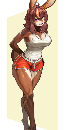 4_toes ahoge anthro athletic athletic_anthro athletic_female athletic_wear bangs barefoot big_breasts biped blonde_highlights bodily_fluids bottomwear breasts brown_body brown_claws brown_fur brown_hair claws cleavage clothed clothed_anthro clothed_female clothing countershade_breasts countershade_face countershade_fur countershade_legs countershade_thighs countershade_torso countershading digitigrade dolphin_shorts eyebrows eyelashes feet female female_anthro fully_clothed fully_clothed_anthro fully_clothed_female fur grin grinning_at_viewer gym_bottomwear gym_shorts hair hair_between_eyes hand_behind_back hand_on_hip hand_on_own_hip highlights_(coloring) hotpants legs_together long_ears looking_at_viewer multicolored_body multicolored_fur orange_bottomwear orange_clothing orange_shorts pink_nose playful pupils purple_eyes red_bottomwear red_clothing red_shorts shirt shorts skimpy sleeveless_shirt small_waist smile smiling_at_viewer solo standing sweat sweatdrop tan_body tan_countershading tan_fur tank_top thick_thighs three-quarter_view tight_bottomwear tight_clothing tight_shirt tight_shorts tight_tank_top tight_topwear toe_claws toes topwear walking white_body white_breasts white_clothing white_countershading white_fur white_inner_ear white_sclera white_shirt white_tank_top white_topwear wide_hips pgm300 bree_lightfoot_(spyglass8) lagomorph leporid mammal rabbit 2024 absurd_res full-length_portrait hi_res portrait