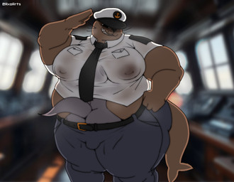 anthro belt big_butt big_moobs black_belt black_bottomwear black_clothing black_eyes black_necktie black_nose black_pants bottomwear brown_body brown_fur brown_tail bulge butt canon_couple captain clothed clothing duo front_view fur gesture grey_body grey_fur grey_tail half-closed_eyes hand_on_hip hand_on_own_hip hat headgear headwear hug huge_butt inside inside_clothing looking_at_viewer male male/male moobs narrowed_eyes necktie nipple_outline nude obese obese_anthro obese_male overweight overweight_anthro overweight_male pants peaked_cap pose salute seal_tail sharp_teeth ship shirt smile standing tail teeth text thick_thighs topwear vehicle watercraft wet wet_clothing wet_shirt wet_topwear white_clothing white_shirt white_topwear axoarts axo_(axoarts) liam_(pastelitikiwi) aquatic mammal mustelid otter pinniped seal 2025 artist_name digital_media_(artwork) hi_res