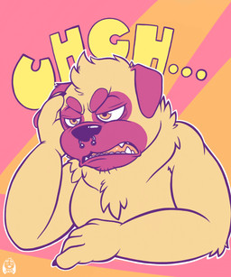 annoyed anthro arm_support clothed clothing facial_piercing frown grumpy half-closed_eyes leaning_on_elbow male narrowed_eyes nose_piercing nose_ring open_mouth piercing ring_piercing sharp_teeth solo teeth topless ugh puggy puggy_(character) canid canine canis domestic_dog mammal molosser pug small_molosser toy_dog 5:6 flat_colors hi_res signature