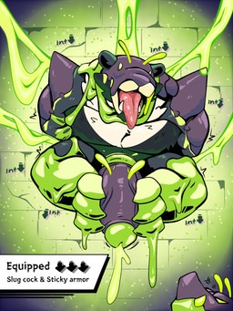 accessory annoyed anthro armor cock_ring corruption dungeon duo ejaculation erection eyeless foreskin front_view genitals green_goo hands_behind_back happy jewelry male mouth_closed partially_retracted_foreskin penis penis_accessory penis_jewelry raised_head species_transformation suspension text tongue tongue_out transformation gimpbull mythology arthropod bear dragon insect mammal mythological_creature mythological_scalie scalie 3:4 english_text hi_res