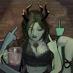 alternative_fashion bar black_clothing brown_hair clothed clothing collar female fully_clothed goth hair inside lifeafter punk sitting solo spikes kvazi mythology animal_humanoid dragon dragon_humanoid humanoid mythological_creature mythological_scalie scalie undead absurd_res hi_res icon portrait