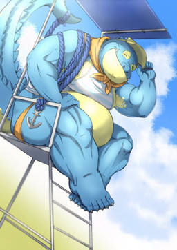anthro beach belly blue_body blue_scales clothing crop_top hat headgear headwear lifeguard lifeguard_chair male muscular muscular_arms overweight overweight_anthro overweight_male scales seaside shirt sitting smile solo speedo swimwear thick_thighs topwear visor_cap sabita_kan lifewonders tokyo_afterschool_summoners makara_(tas) crocodile crocodilian reptile scalie full-length_portrait hi_res portrait