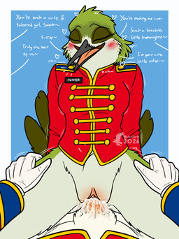 anthro blush bodily_fluids bottomless bottomless_female clothed clothing cum cum_in_vagina cum_inside duo female genital_fluids gloves handwear male male/female marching_band_uniform penetration penile penile_penetration penis_in_vagina praise_kink sex solo_focus vaginal vaginal_penetration fish_birb sarah_(fish_birb) apodiform avian bird hummingbird absurd_res hi_res