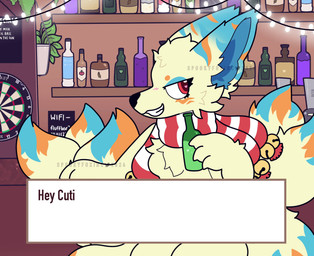 anthro bar bell bell_accessory bell_armband black_nose blue_body blue_ears blue_eyes blue_fur cheek_tuft clothing drinking duo facial_tuft flirting fur male markings mostly_nude multi_tail orange_body orange_fur pattern_clothing pattern_scarf red_body red_fur scarf striped_clothing striped_scarf stripes tail text tuft yellow_body yellow_fur spookyfoxinc vulfe_(hackencraft) xemkiy_(character) canid canine fox fox_spirit mammal animated english_text hi_res no_sound short_playtime video