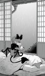 ambiguous_form ambiguous_gender anthro black_sclera contractor debidebi_debiru demon duo greyscale head_horn hi_res hood horn lying membrane_(anatomy) membranous_wings monochrome nijisanji nude on_back oribiyo raining semi-anthro sitting_on_another solo_focus spade_tail tail vtuber white_eyes wings