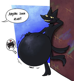 anthro belly belly_grab big_belly dialogue duo leaning_against_wall male outside sharp_teeth smug_face struggling struggling_prey teeth text vore wall_(structure) artsatsu marsh_(zeropaint) ambiguous_species english_text hi_res