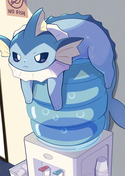acting_like_a_cat ambiguous_feral ambiguous_gender blue_body blue_eyes blush container cup feral fin frill_(anatomy) paws quadruped solo tail water_cooler komanyachi nintendo pokemon eeveelution generation_1_pokemon pokemon_(species) vaporeon 2025 absurd_res digital_media_(artwork) hi_res