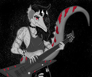 abstract_background alternative_fashion anthro arm_tattoo athletic athletic_anthro athletic_male black_bottomwear black_clothing black_hair black_pants bottomwear bracelet choker clothing cropped_tank_top electric_guitar finger_tattoo fingers frill_(anatomy) front_view frown grey_clothing grey_shirt grey_tank_top grey_topwear guitar hair holding_guitar holding_musical_instrument holding_object humanoid_hands jewelry long_hair long_tail looking_at_viewer male markings musical_instrument necklace pants plucked_string_instrument punk red_eyes shirt shoulder_tattoo solo spiked_bracelet spikes standing string_instrument striped_markings stripes tail tank_top tattoo topwear torn_bottomwear torn_clothing torn_pants gothgator0 dinosaur prehistoric_species reptile saurischian scalie spinosaurid spinosaurus theropod absurd_res half-length_portrait hi_res portrait restricted_palette