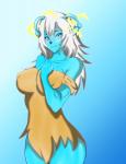 antennae_(anatomy) anthro bare_shoulders big_breasts blue_body blue_fur breasts clothing dress electricity eyebrows eyelashes female fur hair hand_on_chest long_hair looking_at_viewer mature_anthro mature_female nipple_outline smile solo torn_clothing white_hair wide_hips krempoolz_(artist) samurai_jack bue_(character) alien canid canine emoji_(race) mammal 2017