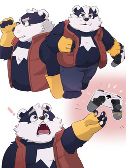 anthro belly black_nose blue_eyes bottomwear clothing controller cute_fangs fangs fur game_controller kemono male navel open_mouth overweight overweight_male pants solo standing surprised teeth white_body white_fur morningbread16 bradley_the_badger_(game) bradley_(bradley_the_badger) badger mammal mustelid musteline 2025 3:4 absurd_res hi_res
