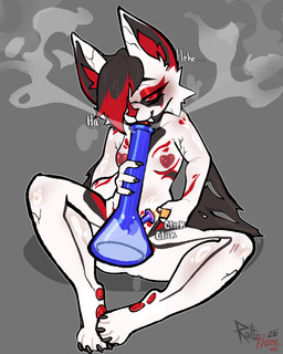 anthro black_sclera bong butt drugs flat_chested fur gynomorph heart_pasties inner_ear_fluff intersex looking_at_viewer marijuana pasties red_body red_eyes red_fur smoke smoking solo tuft white_body white_fur rattzthong bernadette_selka bat flying_fox mammal megabat absurd_res hi_res