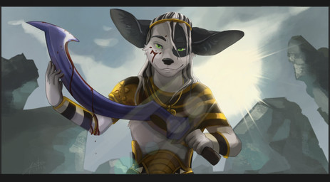5_fingers black_bars blood bodily_fluids day fingers green_eyes holding_melee_weapon holding_object holding_sword holding_weapon khopesh melee_weapon outside smile solo sun sword weapon antanariva mammal 2018 digital_media_(artwork)