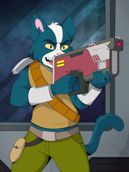 angry anthro belt biped clothed clothing cosmic_background ear_fur fangs fur futuristic gear green_body green_fur green_tail gun male monotone_tail multicolored_body multicolored_fur ranged_weapon solo space space_background standing tail teeth two_tone_body two_tone_fur weapon white_body white_fur window yellow_sclera mindofrudy final_space avocato felid feline mammal ventrexian 2018 digital_media_(artwork)