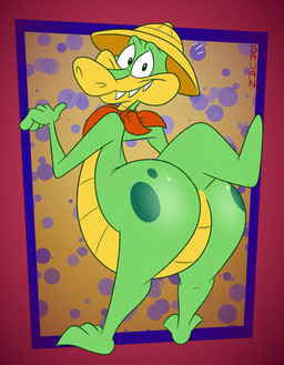 3_toes 4_fingers abstract_background anthro arched_back armor belly big_butt biped black_eyes bottom_heavy bubble_butt butt butt_focus claws dotted_background fangs feet fingers glance glancing_back glistening glistening_butt green_body green_scales headgear helmet huge_butt humanoid_hands humanoid_heel kerchief lines_drawn looking_at_viewer looking_back looking_back_at_viewer male markings multicolored_body multicolored_scales neckerchief neckwear nude pattern_background pear-shaped_figure pith_helmet plantigrade polka_dots pose raised_tail rear_view red_kerchief red_neckerchief red_scarf scales scarf sharp_teeth simple_background skin_folds slightly_chubby slightly_chubby_anthro slightly_chubby_male smile smiling_at_viewer solo spine spots spotted_body spotted_butt spotted_scales standing tail teeth toe_claws toes toony two_tone_body two_tone_scales ventral_scales wavy_tail white_sclera wide_eyed wide_hips yellow_belly yellow_body yellow_scales yellow_underbelly gavanzude new_year_2026 taz-mania axl_gator alligator alligatorid crocodilian reptile scalie 2026 alternate_version_at_paywall colored digital_drawing_(artwork) digital_media_(artwork) flat_colors hi_res pinup signature