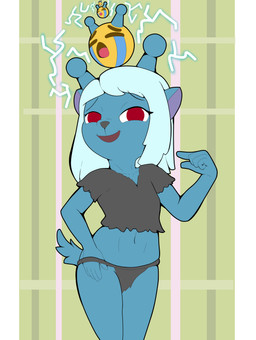 antennae_(anatomy) anthro blue_body bottomwear clothing crop_top crying_emoji electricity emoji female gesture hand_gesture loincloth loli looking_at_viewer navel pivoted_ears pointing pointing_at_self ragged_clothing red_sclera shirt smile smiling_at_viewer snout solo tail topwear undressing undressing_self young young_anthro young_female unknown_artist samurai_jack uohhhhhhhhh! hali_(character) alien canid canine emoji_(race) mammal absurd_res hi_res