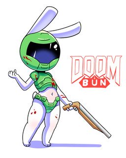 3_toes 4_fingers anthro armor biped blood bodily_fluids chibi feet female fingers fur gun headgear helmet holding_object midriff navel pose ranged_weapon shotgun solo standing text toes visor weapon white_body white_fur disfigure doom_(series) id_software microsoft doom_bun_(disfigure) doombunny fan_character lagomorph leporid mammal rabbit 2019 4:5 colored digital_media_(artwork) english_text