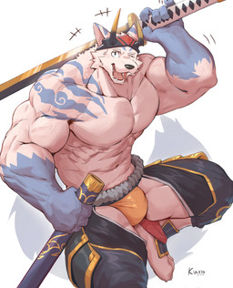 5_fingers anthro arm_markings asymmetrical_markings barazoku biceps big_muscles biped black_bottomwear black_claws black_clothing black_footwear blue_body bottomwear claws clothed clothed_anthro clothed_male clothing cloud_(marking) ear_markings eyebrows facial_markings fangs finger_claws fingers fluffy fluffy_tail footwear forehead_markings front_view fur grey_eyebrows head_markings holding_katana holding_melee_weapon holding_object holding_scabbard holding_sword holding_weapon huge_muscles inner_ear_fluff katana looking_at_viewer male markings melee_weapon muscular muscular_anthro muscular_male one_eye_closed open_mouth open_smile pecs plantigrade pose pupils red_clothing red_footwear red_inner_ear red_inner_ear_fluff red_markings red_pupils red_tongue scabbard shoulder_markings simple_background smile smiling_at_viewer snout solo sword tail teal_eyes teeth text thick_neck tongue tongue_showing topless topless_anthro topless_male tuft underwear vein veiny_muscles weapon white_background white_body white_fur white_sclera wink winking_at_viewer yellow_bottomwear yellow_clothing yellow_footwear yellow_underwear kuromonsart xxl_woofia kumoyama canid mammal 2025 absurd_res artist_name colored dated digital_drawing_(artwork) digital_media_(artwork) english_text full-length_portrait hi_res portrait