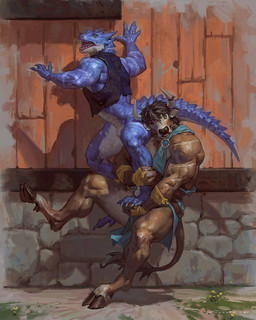 abs anthro biceps big_muscles biped black_hair blue_body bottomless bottomwear claws clothed clothing day detailed_background duo grass hair hooves horn huge_muscles male male/male muscular muscular_anthro muscular_male obliques open_mouth pecs plant scales shadow shirt sky tail tail_tuft teeth tongue topwear tuft taran_fiddler mythology kaydon bovid dragon mammal mythological_creature mythological_scalie scalie wingless_dragon 4:5