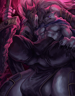 abs anthro anthro_on_anthro balls bulge clothed clothing detailed_bulge duo erection erection_under_clothing fangs genital_outline genitals imminent_sex male male/male muscular muscular_male pecs penis_outline smile teeth nurinaki elden_ring fromsoftware blaidd_(elden_ring) maliketh_(elden_ring) canid canine canis mammal wolf 2022 shaded