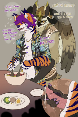 animal_genitalia anthro bodily_fluids clothed clothing cooking cum cutaway duo erection feathered_wings feathers fluffy food fur furniture genital_fluids genitals grey_background hair handjob male male/male markings orange_body orange_fur penile penile_spines penis sex simple_background smile speech_bubble stealth_sex striped_markings stripes table text under_table white_body white_fur wings wood wood_furniture wood_table dangodragon canid canine mammal absurd_res digital_media_(artwork) english_text hi_res