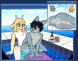 anal anal_penetration anthro anus arm_stripes balls black_hair blonde_hair blue_eyes blush blush_lines bodily_fluids bottle brown_eyes butt chest_tuft container countershade_face countershade_torso countershading cum cum_from_ass cum_in_ass cum_inside cup duo erection eyebrows femboy femboy/femboy femboy_penetrating fingers fur genital_fluids genitals hair horn josou_seme looking_at_another looking_pleasured male male/male male_penetrated male_penetrating male_penetrating_male markings multicolored_body multicolored_fur nipples nude onomatopoeia partially_submerged penetration penile penile_penetration penis penis_in_ass plap plate pool_float sea sex smile snaggle_tooth sound_effects speech_bubble striped_arms striped_body striped_markings stripes swimming_pool tail text tuft water wet white_sclera darli_buni microsoft microsoft_windows windows_xp aquatic bovid caprine fish goat mammal shark digital_media_(artwork) signature