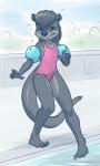 5_fingers anthro black_nose brown_body brown_eyes brown_fur brown_hair clothed clothing female fingers fur hair one-piece_swimsuit solo standing swimwear water young mykegreywolf nat_(mykegreywolf) mammal mustelid otter hi_res