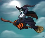 anthro big_breasts black_hair breasts broom broom_riding cleaning_tool cleavage clothed clothing dress female fur green_eyes hair hat headgear headwear holidays legwear moon solo suspenders witch_hat witch_outfit drxii blizzard_entertainment halloween warcraft jade_brewpaw bear mammal pandaren 6:5 digital_media_(artwork) hi_res