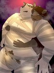 anthro belly big_belly bulge clothing costume duo halloween_costume holidays hug hugging_another hugging_from_behind kemono male male/male moobs mummy_costume mummy_wrappings nipples overweight overweight_male 0_7us halloween canid canine canis mammal wolf 2024 3:4 hi_res