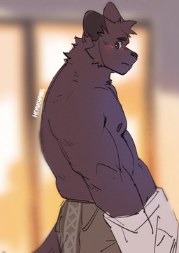 anthro black_body black_eyes black_fur blush bottomwear brown_bottomwear brown_clothing brown_pants clothed clothing fur looking_at_viewer male overweight overweight_anthro overweight_male pants solo topless topless_anthro topless_male undressing_self hemuchang pots_(hemuchang) felid mammal pantherine 2022 hi_res