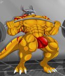 5_fingers abs anthro armor balls_outline barbell biceps big_bulge big_muscles big_pecs bodily_fluids bulge claws clenched_teeth clothed clothing deltoids detailed_background detailed_bulge dripping exercise eyes_closed fangs fingers floor genital_outline gym hair headgear helmet horn huge_muscles inside male markings mask muscular muscular_anthro muscular_male nipple_piercing nipple_ring nipples pecs piercing quads red_clothing red_hair red_markings red_stripes red_thong red_underwear ring_piercing scales shadow skimpy solo stripes sweat teeth teeth_showing thong tile tile_floor underwear vein weightlifting weights workout yellow_body yellow_scales saixyuniz-xynz bandai_namco digimon zarox digimon_(species) scalie wargreymon 2019 hi_res signature