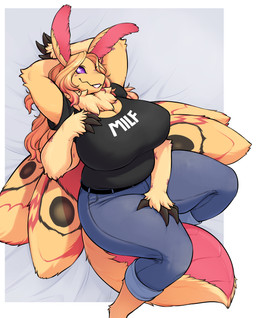 4_arms antennae_(anatomy) anthro big_breasts biped black_body black_clothing black_fur black_shirt black_t-shirt black_topwear bottomwear breasts cleavage clothed clothing curvy_figure denim denim_bottomwear denim_clothing female female_anthro fur insect_wings jeans lepidopteran_wings lying multi_arm multi_limb multicolored_body multicolored_fur neck_tuft on_back orange_body orange_fur pants red_body red_fur shirt solo t-shirt topwear tuft wings iriedono arthropod insect lepidopteran moth 2024 colored digital_media_(artwork) hi_res
