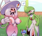 areola big_areola big_breasts big_nipples big_penis blush bodily_fluids breasts clothed clothing confusion erection female femboy gardevoir gender_symbol generation_3_pokemon generation_8_pokemon genitals group hatterene hi_res huge_breasts huge_penis humanoid_genitalia humanoid_penis lactating male male_symbol milk nintendo nipples not_furry partially_clothed penis pokemon pokemon_(species) question_mark ralts shinki_(artist) shiny_pokemon surprise symbol vein veiny_penis