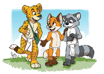 anthro blush bottomwear clothed clothing facial_spots fangs fur glistening glistening_eyes gloves_(marking) grass grey_body grey_eyes grey_fur group leg_markings logo loincloth male markings open_mouth open_smile orange_body orange_fur plant smile socks_(marking) spotted_arms spotted_face spotted_legs standing striped_markings striped_tail stripes tail tail_markings teeth topless trio white_body white_fur yellow_body yellow_fur young young_anthro young_male pandapaco art_(pandapaco) biro_(pandapaco) iztli_(iztli) canid canine felid fox mammal procyonid raccoon artist_logo signature