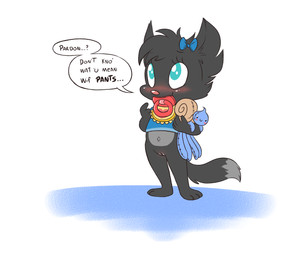 accessory anthro biped black_hair blue_clothing blue_shirt blue_topwear blush bottomless bottomless_female bow_ribbon clothed clothing countershade_fur countershade_torso countershading dialogue dipstick_tail eyebrows female fur genitals hair hair_accessory hair_bow hair_ribbon head_tuft holding_object holding_plushie humanoid_genitalia humanoid_vulva markings navel object_in_mouth pacifier pacifier_in_mouth pink_nose plantigrade plushie ribbons shirt simple_background solo speech_bubble tail tail_markings text toddler topwear tuft vulva white_body white_countershading white_fur white_markings young young_anthro young_female furcollector canid canine fox hybrid lemur mammal primate strepsirrhine 2026 english_text hi_res