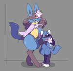accessory anthro cape clothing duo flower flower_in_hair flower_necklace generation_4_pokemon hair hair_accessory hi_res lucario luuriolu male male/male nintendo plant pokemon pokemon_(species) prazite riolu
