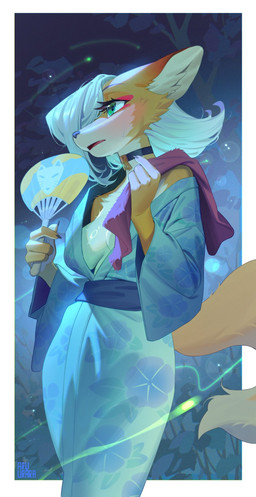 4_fingers anthro asian_clothing blush bodily_fluids breasts choker claws clothing east_asian_clothing exposed_shoulder eyelashes female feral finger_claws fingers fluffy fluffy_tail fur green_eyes hair hair_over_eye hand_fan inner_boob inner_ear_fluff japanese_clothing jewelry kemono multicolored_body multicolored_fur necklace night orange_body orange_fur solo sweat sweatdrop tail towel tuft white_body white_fur white_hair yukata aruurara liina_(aruurara) arthropod beetle canid canine elateroid firefly fox insect mammal 2025 hi_res signature