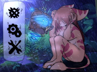 anthro bodily_fluids breasts butt chest_(container) clothing covered_breasts crying female holding_object machine markings nude outdoor_nudity outside raining sad solo striped_markings stripes tail tears tools topwear wet wrench crescentnocturn insomniac_games playstation ratchet_and_clank sony_corporation sony_interactive_entertainment anasu fan_character lombax mammal robot 2026 4:3 digital_media_(artwork) hi_res