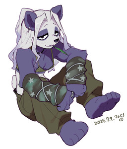 anthro arm_warmers armwear barefoot bottomwear bra breasts choker clothing ear_piercing eyelashes feet female fur green_bottomwear green_clothing green_pants hair jewelry leaf leaf_in_mouth narrowed_eyes necklace object_in_mouth pants piercing purple_body purple_eyes purple_fur ring simple_background sitting small_breasts solo tail underwear white_background white_hair sanjiro bear giant_panda mammal 2024 dated hi_res