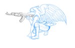 5_fingers ak_platform anthro arm_feathers assault_rifle automatic_weapon bad_trigger_discipline bone_frill boots bottomwear breasts clothing crouching elbow_feathers feathered_wings feathers female fingers footwear frill_(anatomy) gun hair holding_gun holding_object holding_ranged_weapon holding_rifle holding_weapon m70 magazine_(gun) narrowed_eyes pants plantigrade ranged_weapon rifle shoes short_tail simple_background sleeveless snout solo tail weapon wings protonmono cavemanon_studios goodbye_volcano_high snoot_game zastava_arms fang_(gvh) prehistoric_species pterodactylus pterosaur reptile scalie black_and_white blue_and_white monochrome