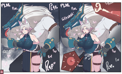 animal_ears anthro blush bodily_fluids bottomwear breasts clenched_teeth clothing cum female fox_ears from_behind_position genital_fluids grabbing_another's_breast impregnation male male/female pants sex solo teeth tongue tongue_out unknown_artist honkai:_star_rail mihoyo feixiao_(honkai:_star_rail) hoolay_(honkai:_star_rail) canid canine canis fox human mammal wolf absurd_res hi_res huge_filesize