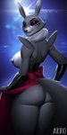 anthro big_breasts black_sclera breasts butt clothed clothing dress female fur grey_body grey_fur looking_at_viewer neck_tuft rear_view red_eyes solo tail tuft akrodraws bandai_namco digimon canid canine canis digimon_(species) mammal renamon 1:2 absurd_res hi_res